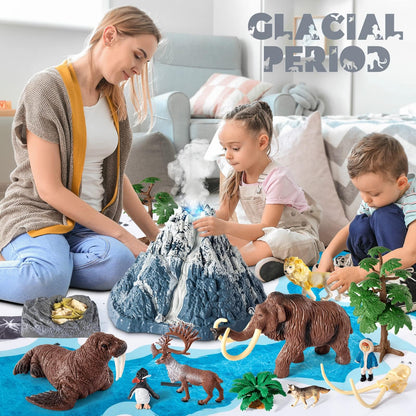 Prehistoric Animal Toys Set for Kids 3-5 Years, Safari Animals Figurines and Snowy Volcano Toy with Large Play Mat, Mammoth, Lion, Gorilla