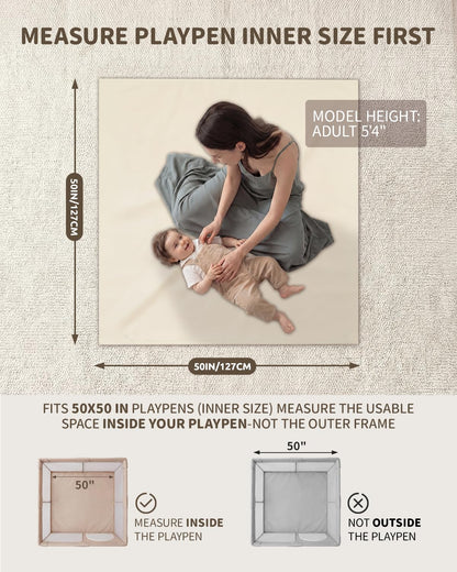 Joypony Baby Play Mat for Floor 50x50, 1.5” Thick Vegan Leather Crawling Mat with Removable Cover, Waterproof Playpen Mat for Infants and Toddlers, Wipe-Clean Kids Playmat, Cream