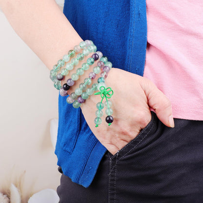 AD Beads 8mm 108 Prayer Mala Fluorite Elastic Bracelet - Wisdom and Creativity - Handmade Yoga Meditation Healing Power Energy Gifts for Unisex Adult.