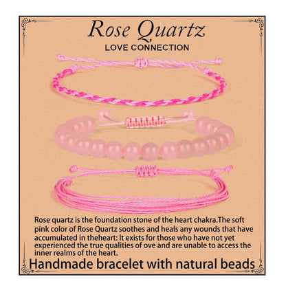 QOGIR Handmade Healing Bracelets,8mm Natural Rose Quartz Gem Stone Beads Bracelet,for Men Women Gifts with 2PCS Size Adjustable Rope Bracelets