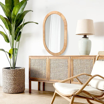 FUIN Handcrafted Rattan Oval Wall Mirror 20x30 – Natural Woven Wicker Frame for Boho Living Room & Entryway – High-Definition Shatter-Resistant Mirror – Vertical or Horizontal Biophilic Home Decor