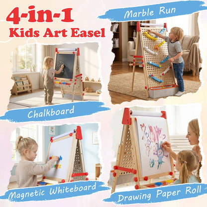 OLAKIDS 4 in 1 Easel for Kids with Marble Run, Magnetic Whiteboard, Chalkboard, Drawing Paper Roll, 6-Level Adjustable Height for Toddlers Ages 3-10