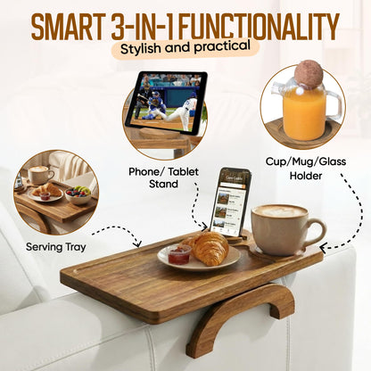 Motovatec Acacia Wood Sofa Arm Tray - 3-in-1 Couch Arm Table with Phone Holder, Cup Placer & Foldable Tray - Armrest Clip-On Design for Couch with 360° Rotated Phone Holder