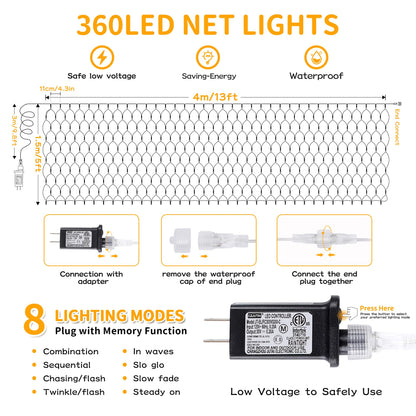 HEYFUNi Net Mesh Waterproof String Lights,360LED 13ft x 5ft Christmas Net Lights, 8 Modes,Connectable for Indoor Outdoor, Curtain,Garden,Christmas Tree, Bush, Party, Holiday, Wall Decor (Warm White)