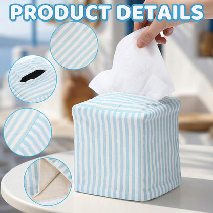 Potchen Coastal Tissue Box Cover Light Blue and White Stripe Tissue Box Cover Decorative Cotton Square Napkin Holder for Home Bedroom Living Room Bathroom Office Kitchen