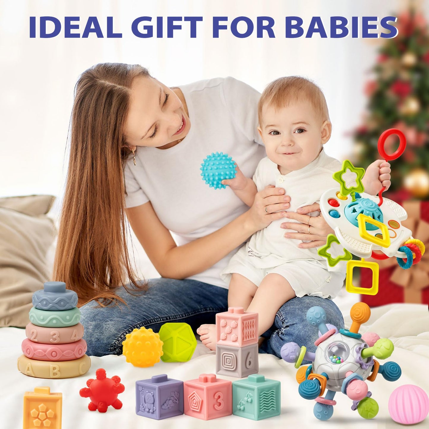 Baby Toys 6 to 12 Months, 5 In 1 Montessori Toys for 1 Year Old, Incl Travel Pull String Toy & Rattle Teether & Stacking Baby Block & Soft Infant Ring & Sensory Ball for Toddler 0-3-6-9-12 Month