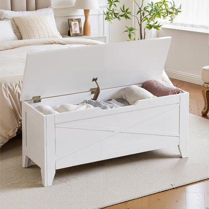 VECELO 43.3" Storage Bench with Handwoven Wicker Cushion, Lift Top Shoe Bench with Safety Hinges, Ideal for Entryway, Bedroom, Living Room, White