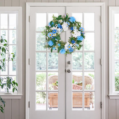 GENMOUS 24 Inch Summer Spring Blue Daisy Wreath for Front Door, Rustic and Farmhouse Flower Wreath with Myosotis sylvatica, Indoor&Outdoor Wedding Wall Home Decor