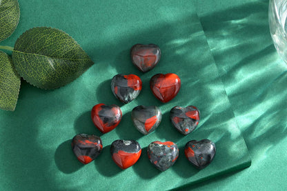 QINJIEJIE 10PCS African Bloodstone Heart Crystals Thick Stones Love Shaped Gemstones Pocket Palm Crystal Bulk Polished Thumb Gem Set Wholesale Worry Stones Spiritual Reiki Energy Gift for Women Men