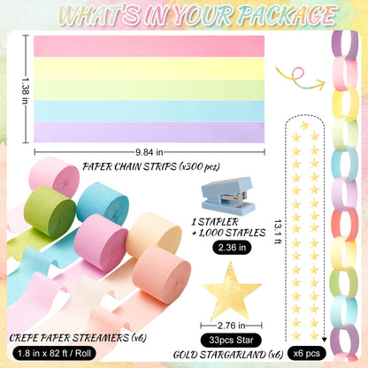 Gleebixi Pastel Birthday Party Decorations Kit with 492ft Crepe Paper Streamers, 300 Sheets Paper Chain Strips and 78.6ft Gold Star Garland for Hanging Decor