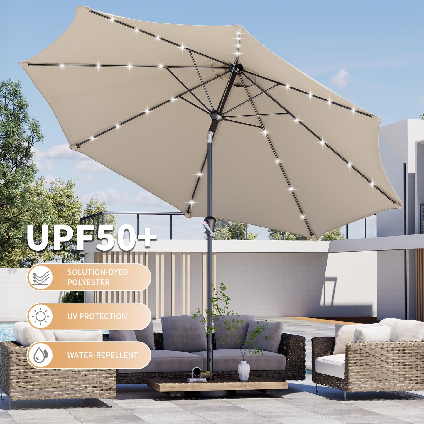 Kingdura 10FT Outdoor Patio Umbrella with Solar Lights, Market Table Umbrella with Push Button Tilt & Crank, 8 Sturdy Ribs, 32 LED Lights, UV Protection for Garden Lawn Deck Backyard Pool (Beige)