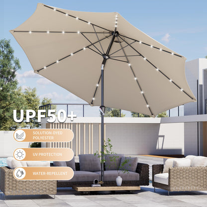 Kingdura 10FT Outdoor Patio Umbrella with Solar Lights, Market Table Umbrella with Push Button Tilt & Crank, 8 Sturdy Ribs, 32 LED Lights, UV Protection for Garden Lawn Deck Backyard Pool (Beige)