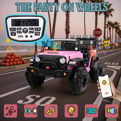JORFLY 24V Ride on Toys for Big Kids, 20'' 2-Seater Electric Ride On Car Truck w/800W Motors, Remote Control, Mult-Led Lights, 3 Speeds, Bluetooth, Shock Absorption, Power Car Wheels for Kids, Pink
