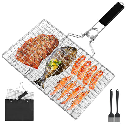 Fish Grill Baskets，Folding Portable Fish Grilling Rack For Grill, BBQ Grilling Basket, Stainless Steel Grill Basket For Veggies, Shrimp, Meat Cook，Come With Storage Bag and Two Basting Brush