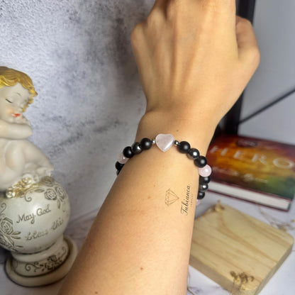 TUBIANCA Rose Quartz Bracelet – Heart Crystal with Hematite & Onyx for Love, Healing & Emotional Balance – Handmade Stretch Bracelet for Women & Men – Spiritual Gift for Inner Peace