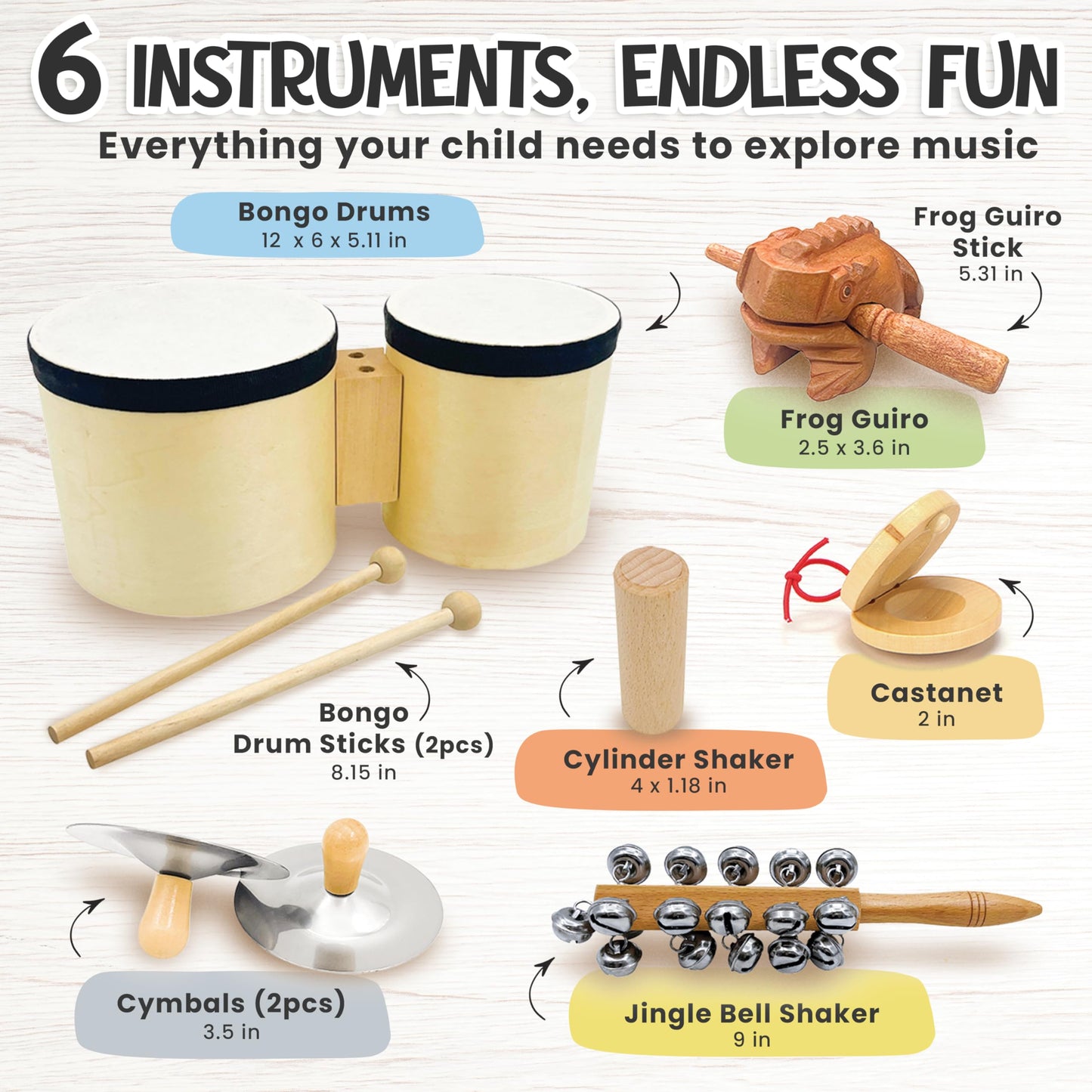 Toddler Drum Set & Musical Instruments for Toddlers – Montessori Wooden Percussion Instrument Set with Bongo Drum, Jingle Bells, Cymbals, Castanet & Guiro | Ages 3+