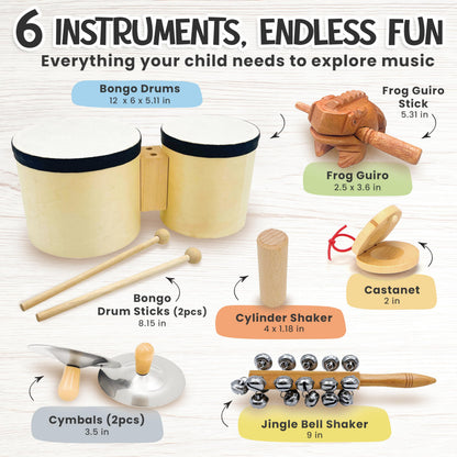 Toddler Drum Set & Musical Instruments for Toddlers – Montessori Wooden Percussion Instrument Set with Bongo Drum, Jingle Bells, Cymbals, Castanet & Guiro | Ages 3+