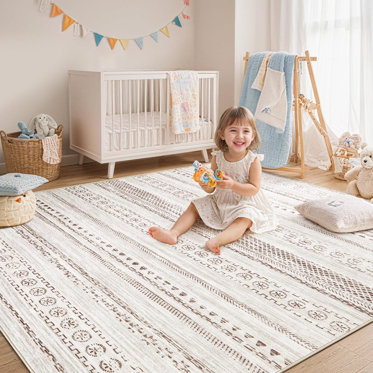kakania 6x9 Washable Area Rug: Non Slip Soft Thin Carpet, Boho Geometric Modern Decor, Easy Clean Indoor Floor Rugs for Living Room Bedroom Kids Dorm Office Dining - Brown