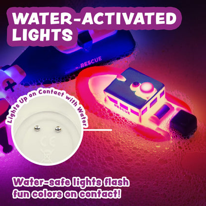 Tub Works® Ocean Rescue™ Vehicles Light Up Bath Toys, 6 Pack | Water-Activated Light Up Toys Flash & Change Color | Easy-Grip Baby & Toddler Bath Toys | Sensory Toys with Bath Lights for Kids Bath