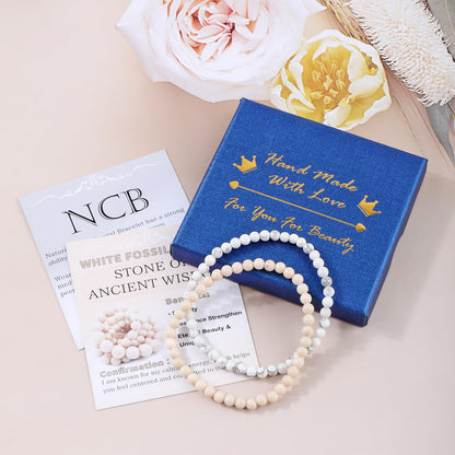 NCB 2-Piece 4mm Natural Crystal Gemstone Stretch Bracelets – ﻿Howlite, White Fossil Jasper Handmade Reiki Energy Healing Jewelry for Meditation,Yoga, Unisex