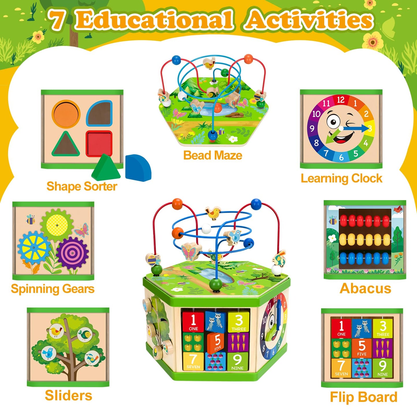 Wooden Activity Cube for 1 Year old, 12-18 Month Boys & Girls, 7-in-1 STEM Montessori Early Developmental Learning Toys for Kids Aged 1-2, Ideal 1st Birthday Gift Toys for Baby, Toddlers (Green)