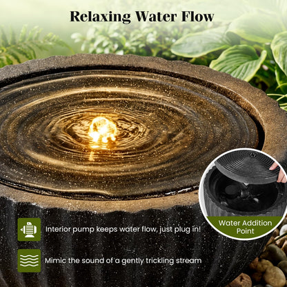Giantex 18" Round Outdoor Water Fountain with 6 LED Lights, Stone Gray Resin Sphere Waterfall Feature with Adjustable Pump, Lighted Bubbling Fountain for Garden Patio Porch Decor (18" Dia. x 9.5" H)