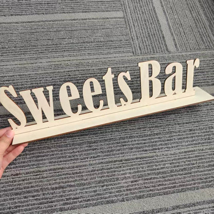 Wooden Sweets Bar Table Sign, Freestanding Wedding/Birthday Table Centerpiece Decorations, Sweet Bar Centerpiece with Stand for Events & Parties.