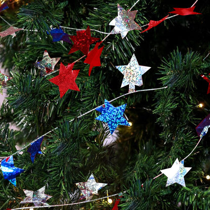 2 Rolls Patriotic Wire Star Garland, Red Blue Silver Star Tinsel Garlands with Wire, Fourth of July Party Decor, Independence Day Birthday Party Festive Ornament