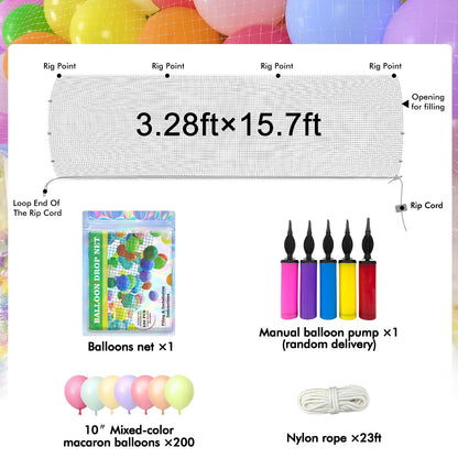 Balloon Release Net Kit - 200 Balloons 15.74x3.28 Ft, Balloon Drop Net for Ceiling Release for New Year Eve Party, Birthday, Graduation, Wedding,Celebration, Family Reunion Decorations