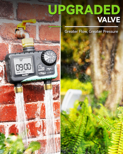 RAINPOINT 2 Zone Sprinkler Timer with Brass Inlet and Outlet - Water Timer for Garden Hose with Rain Delay/Manual Watering/Automatic Irrigation Controller System for Yard Lawn Garden(Blue)