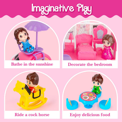 XDUOYJOY Pink Airplane Toy for Kids, Plane Toys with Dolls, Furniture and Accessories for Boys Girls Birthday, Toy Aircraft Push and Go Action, Easy to Store