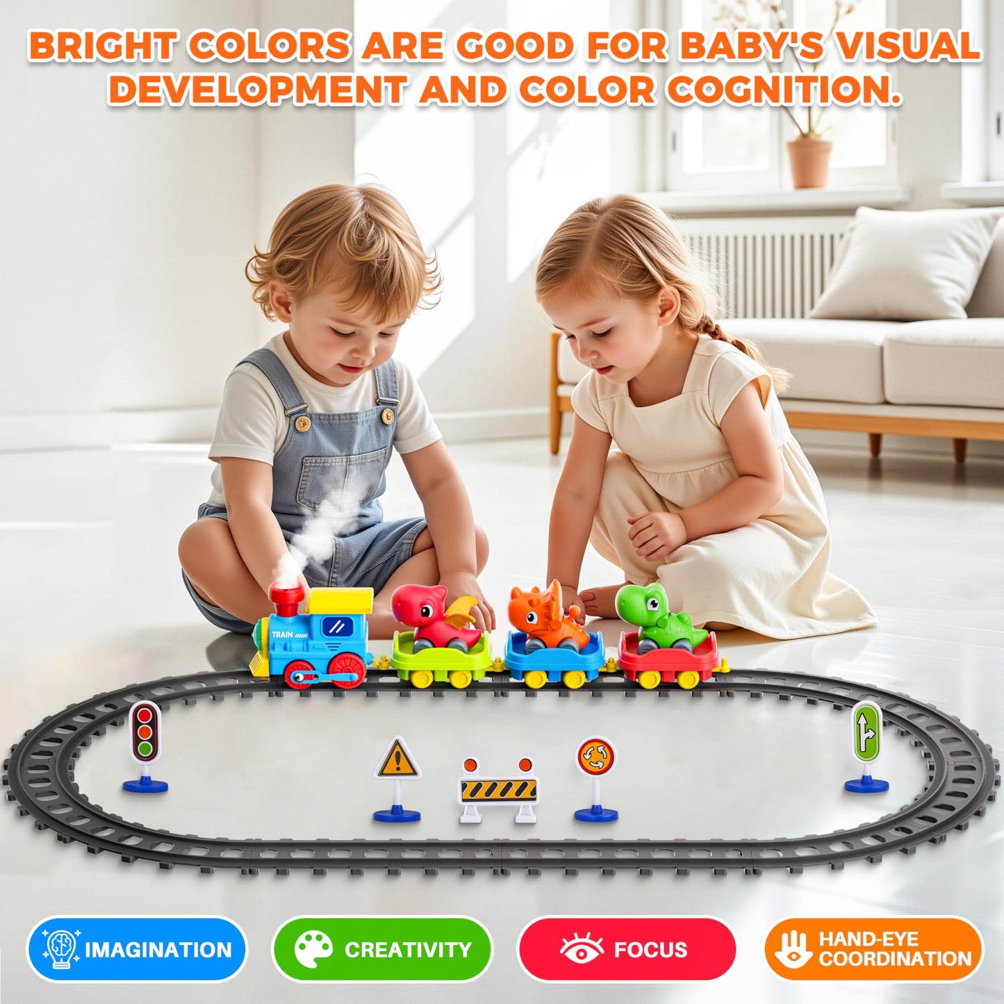 Train Set for Toddlers w/Steam, Music & Lights - Electric Train Toys for Kids w/Tracks Accessories, Including 3 Dinosaur Car and 3 Trailer, Christmas Birthday Gifts for 1-3 4 5 6+ Years Old Boys Girls
