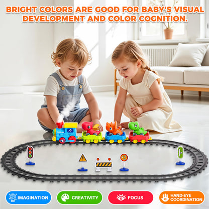 Train Set for Toddlers w/Steam, Music & Lights - Electric Train Toys for Kids w/Tracks Accessories, Including 3 Dinosaur Car and 3 Trailer, Christmas Birthday Gifts for 1-3 4 5 6+ Years Old Boys Girls
