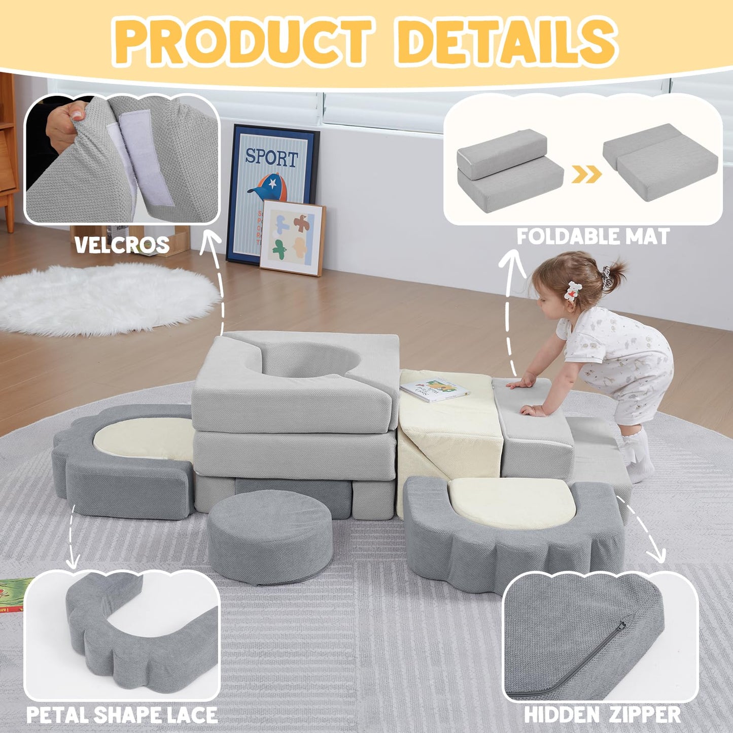 13 Pieces Foam Climbing Blocks for Toddlers 1-3|Kids Floral Soft Play Climbing for Indoor,Infant Modular Crawing Toys with Washable Cover for Playroom,Bedroom,Nursery and Preschool,Gray & Beige