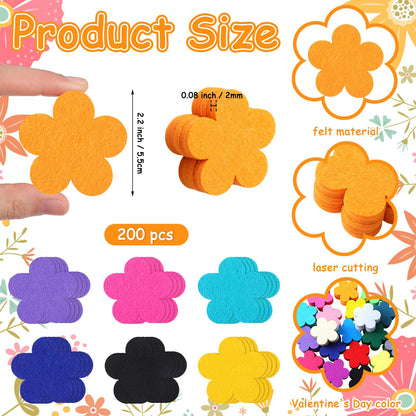 FuWeave 200 Pcs Colorful Felt Flower Die Cut Embellishment Multicolor Fabric Embellishments 2.2 Inch Felt Pads Appliques for Spring Summer Home Classroom Wall Craft Project