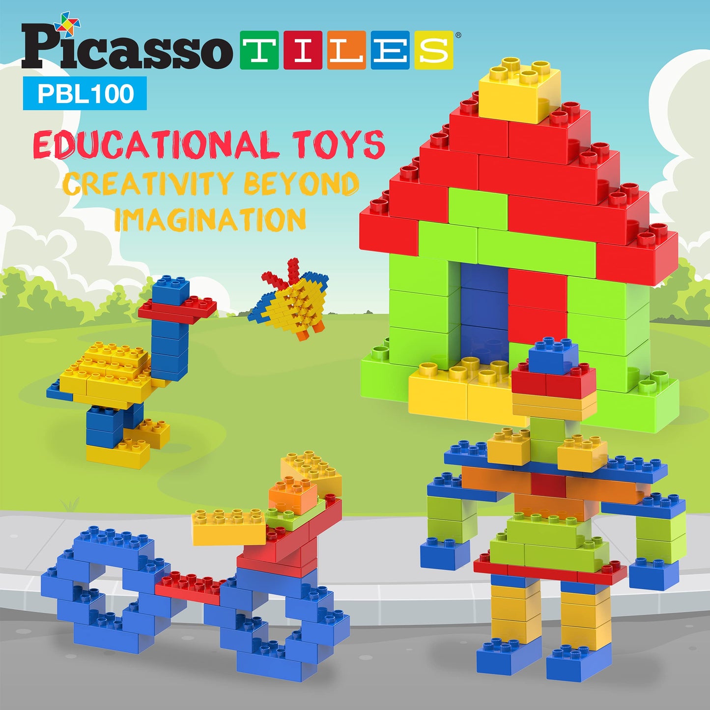 PicassoTiles 100 Piece Large Construction Brick Building Blocks STEM Bricks Toy Set Creative Learning Early Education Playset 5 Colors 4 Unique Shapes Mix & Match Toys for Kids Boys Girls Child Age 3+