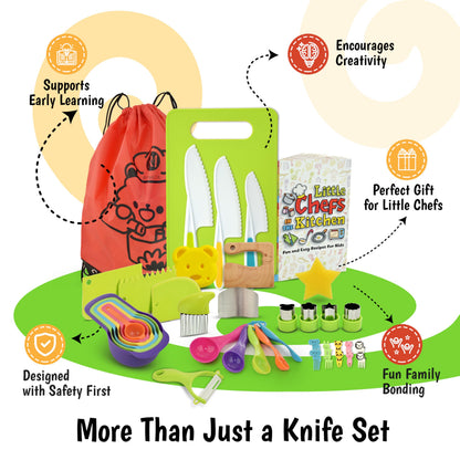40-Pcs Kids Knife Set for Real Cooking, Toddler Cooking Set Montessori with Recipes Book, Toddler Kitchen Tools for Cooking, Kids Cooking Sets Real - Cutting Board and Knife Set