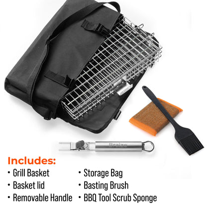 Adjustable Grill Basket with Removable Handle – 4 Height Levels for Vegetables, Meat, Fish & More – Locking Lid - Basting Brush, Scrub Sponge & Storage Bag for Outdoor Cooking