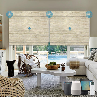 WEFFORT Motorized Roman Shades, Woven Woods Shades, Work with HomeKit/Alexa/Google Home, Cordless, Custom Size, Crocheting Kenaf