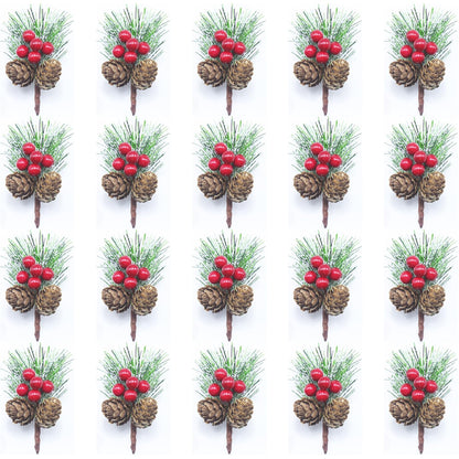 Snow Frosted Christmas Picks and Sprays, 20Pcs Artificial Pine Needles Branches with Red Berries, Pine Cones for Crafts, Floral Picks for Christmas, Winter Decor, Gift Wrap Embellishments (20)