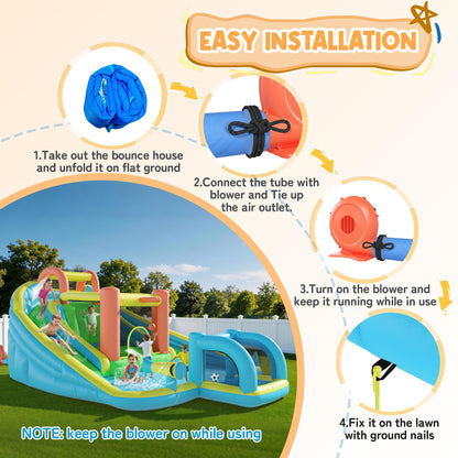 HOMMOW Inflatable Bounce House with Double Slide, Bouncy Castle for Kids 3-12 with Blower, Water Cannon, Football Net, Jumping, Climbing Wall, Basketball Hoop, Backyard Water Park for Kids