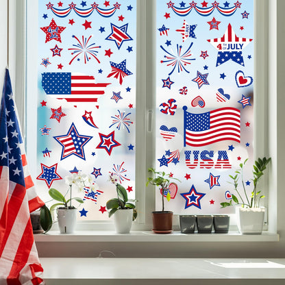 4th of July Window Clings Decorations,111 PCS Reusable Static Summer Patriotic American Flag Stickers for Glass Windows Independence Day,Memorial Day,Veteran's Day,USA Holiday Red White Blue Decor