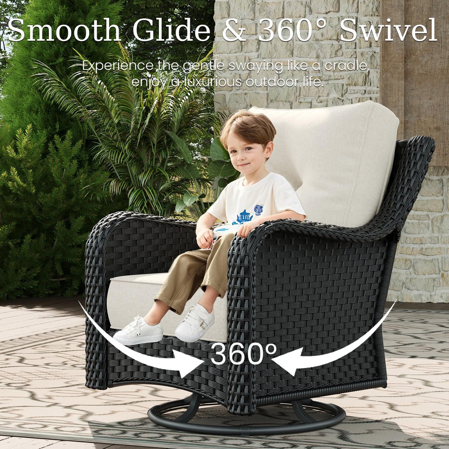 Aeeiua 8 Piece Patio Furniture Set with Fire Pit Table, All-Weather Wicker Outdoor Conversation Set with Swivel Rocking Chair and 6 Inch Thick Cushions