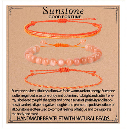 QOGIR Handmade Healing Bracelets,8mm Natural Sunstone Gem Stone Beads Bracelet for Men Women Gifts with 2PCS Size Adjustable Rope Bracelets