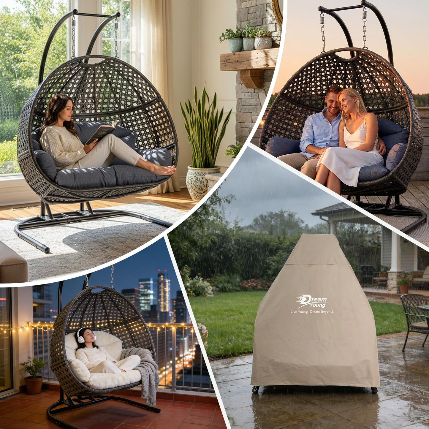 DREAM YOUNG 2 Person Egg Chair with Stand, Oversized Wicker Hanging Loveseat, Heavy-Duty Steel Frame, Extra-Thick Cushion, Rain Cover Included, All-Weather Indoor Outdoor Patio Swing Chair, Dark Grey