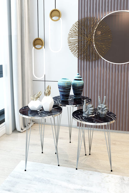 PAK HOME Set of 3 Nesting End Tables Round Wood Stacking Coffee Side Accent Sofa Table with Metal Legs for Living Room, Home Office, Nightstands for Bedroom (Black Marble/Silver Legs)