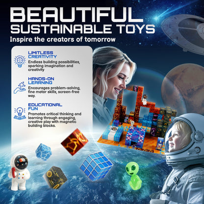 PLAYIQ 181-Piece Magnetic Building Blocks Set – STEM Toys for Kids Ages 3+ | Educational Space-Themed Magnetic Construction Kit with LED Light-Up Cubes | Sensory Gift Toy for Boys & Girls