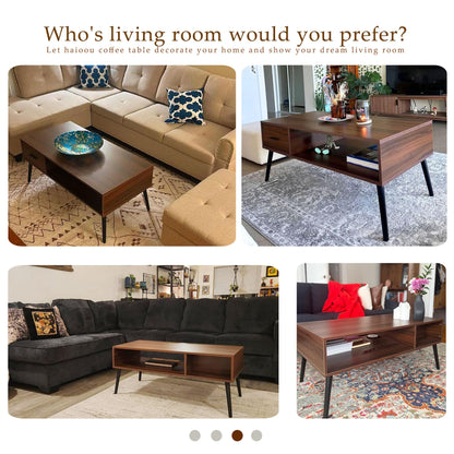 HAIOOU Coffee Table, Mid Century Modern Center Table for Living Room with Storage, Walnut Tea Table with Drawer, Open Storage Shelf, Floor-Anti-Scratching Pine Leg for Home, Office(Dark Brown)