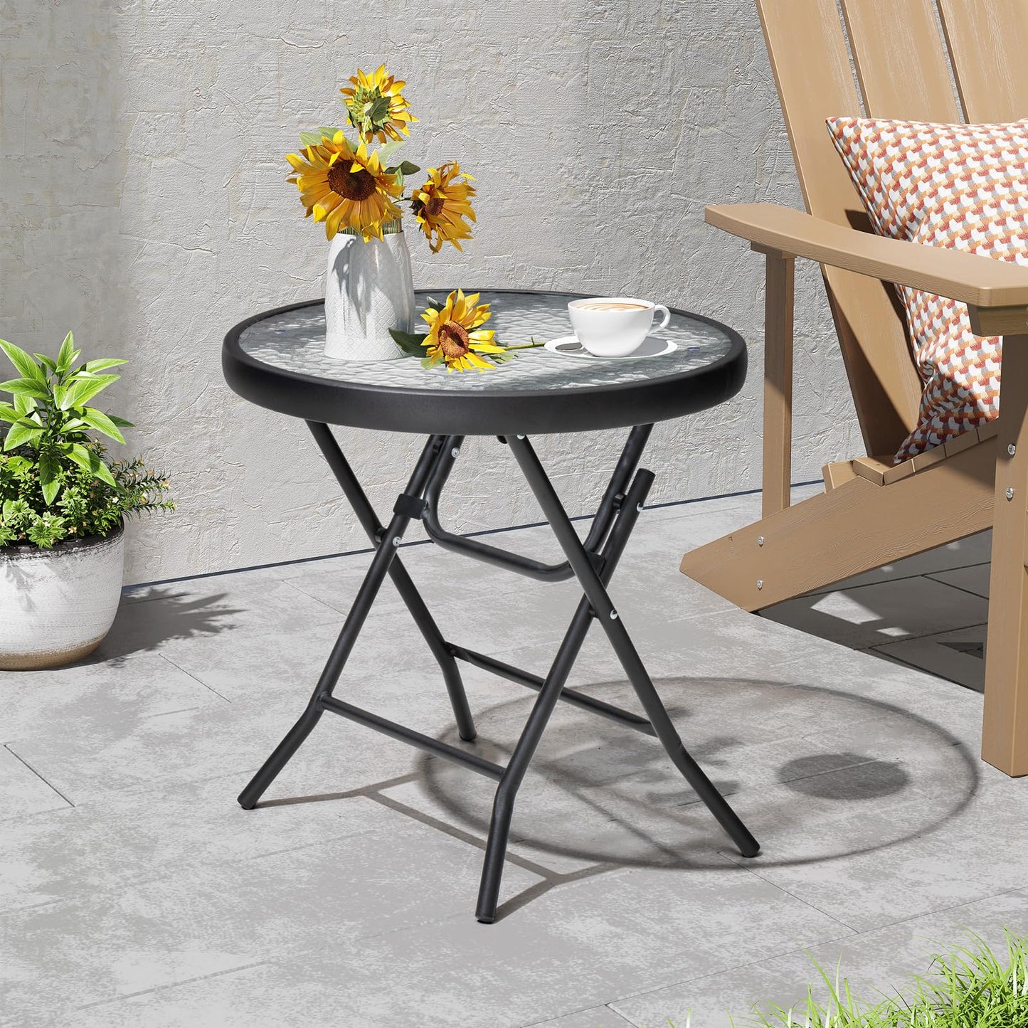 PATIOHIT Foldable Side Table with Tempered Glass Top 18" Outdoor Folding Side Tables Small Glass Patio Table for Porch Yard Balcony Deck Lawn Dining Garden (Black)