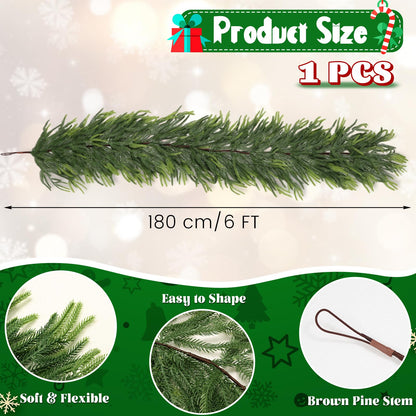 Homiton 6ft Christmas Norfolk Pine Garland, Artificial Real Touch Pine Garlands, Christmas Greenery Garland for Xmas Mantle Fireplace Table Outdoor Indoor Decoration (1, 6 FT)